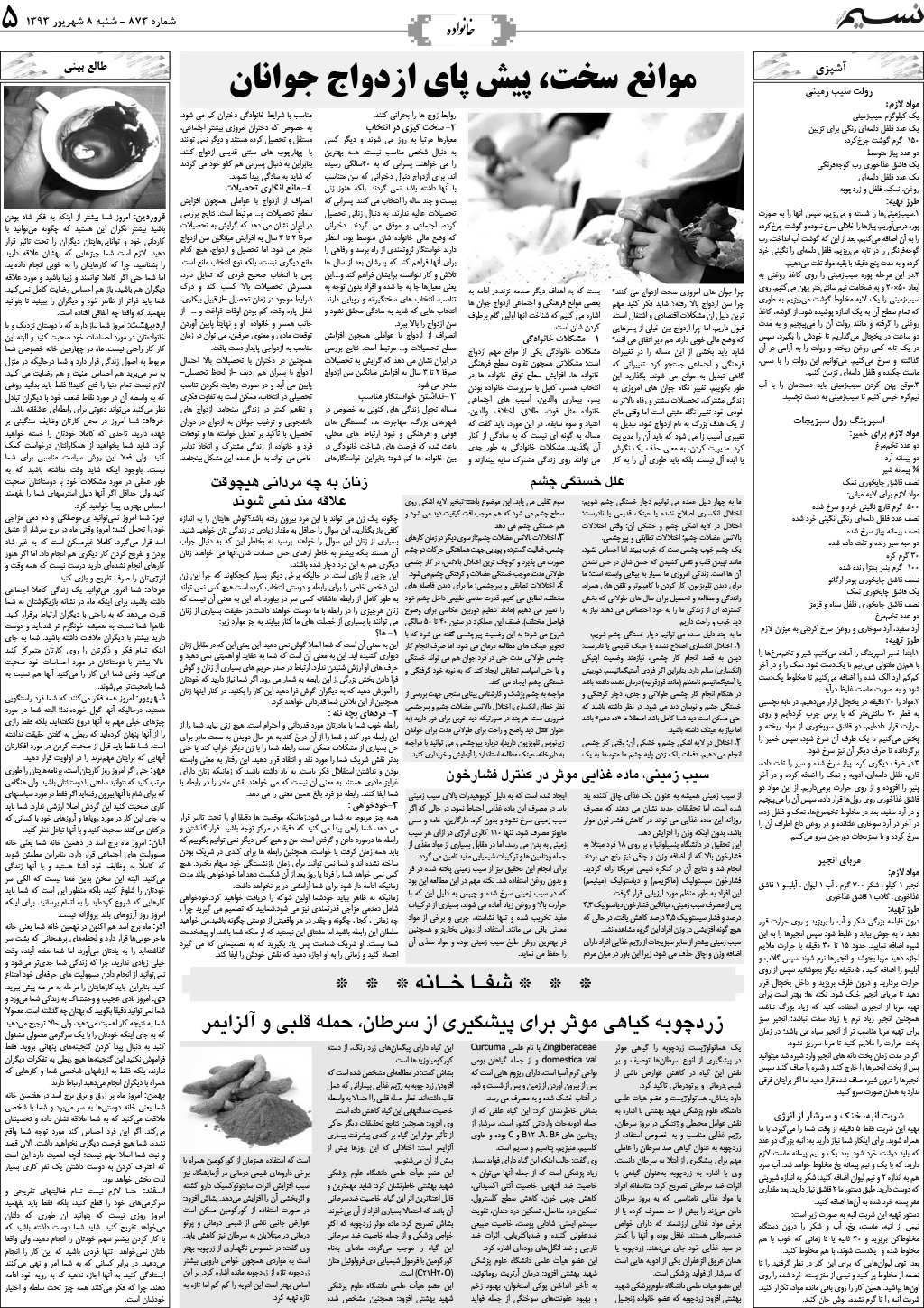 صفحه خانواده روزنامه نسیم شماره 873